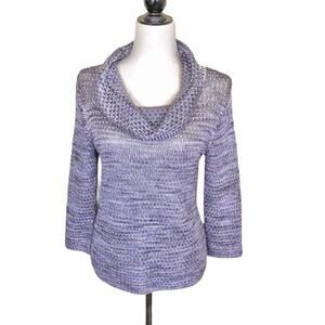 Jones of NY Sweater Open Knit Lightweight Cowl Neck Purple & Cream